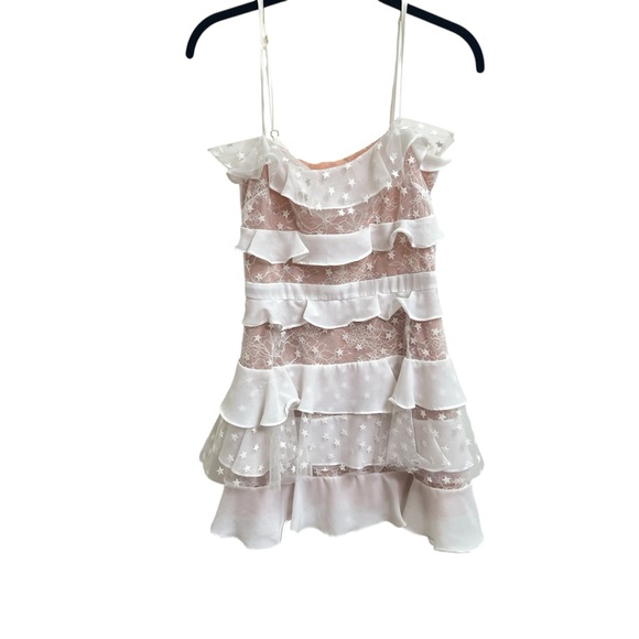 For Love & Lemons white Cosmic stars Ruffle Tiered Lace Mini Dress size small - Picture 3 of 7